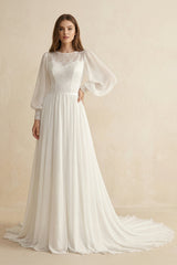 Long Sleeve A Line Wedding Dress With Appliques in Ivory - KISS BRIDAL Wedding Dresses