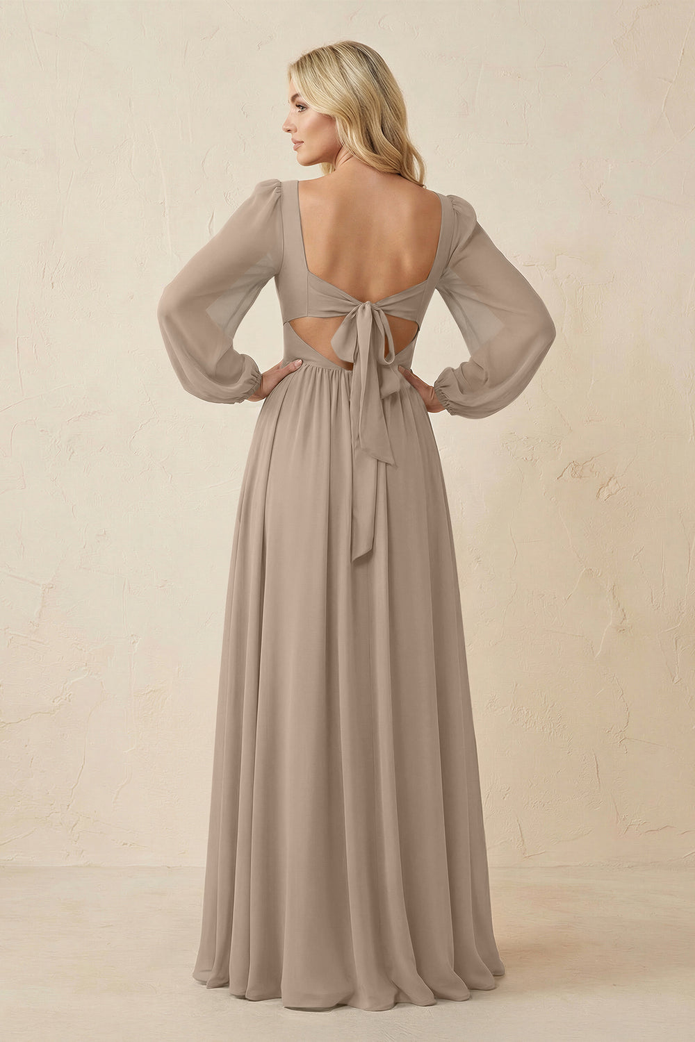 Long Sleeve V-Neck A-Line Chiffon Bridesmaid Dress in Almond