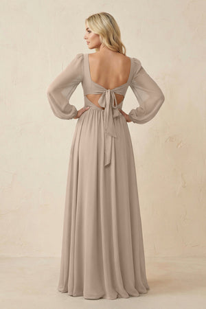 Long Sleeve V - Neck A - Line Chiffon Bridesmaid Dress in Almond - SHE IS ME Bridesmaid Dresses
