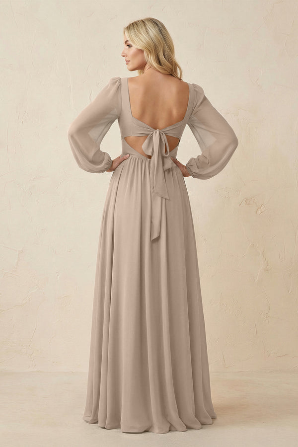 Long Sleeve V - Neck A - Line Chiffon Bridesmaid Dress in Almond - SHE IS ME Bridesmaid Dresses