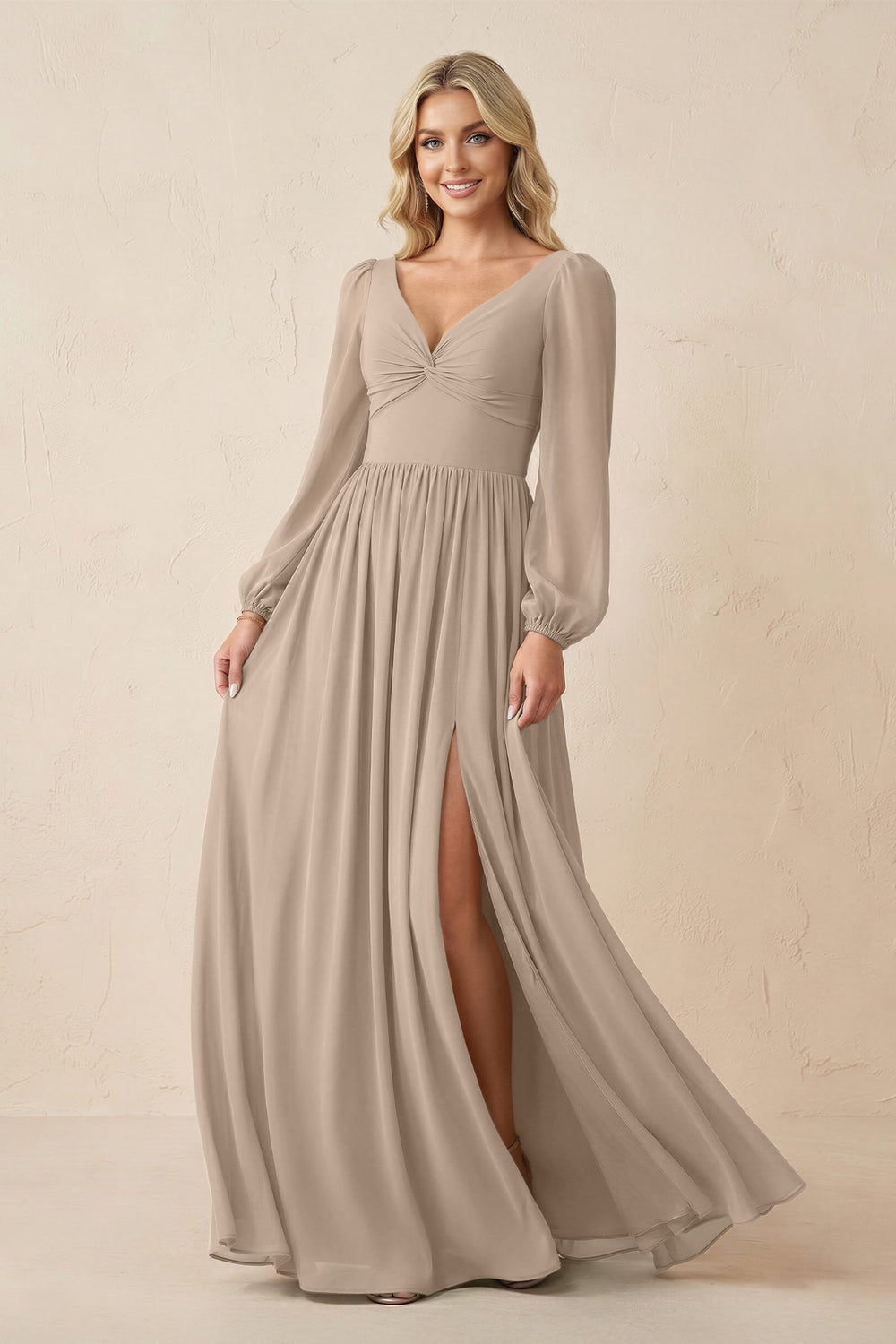 Long Sleeve V - Neck A - Line Chiffon Bridesmaid Dress in Almond - KISS BRIDAL Bridesmaid Dresses