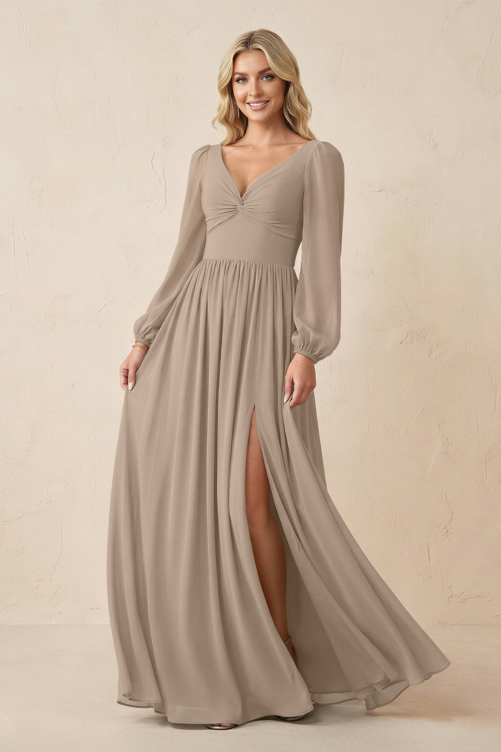 Long Sleeve V-Neck A-Line Chiffon Bridesmaid Dress in Almond