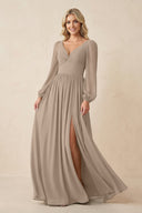 Long Sleeve V-Neck A-Line Chiffon Bridesmaid Dress in Almond | KISSBRIDAL