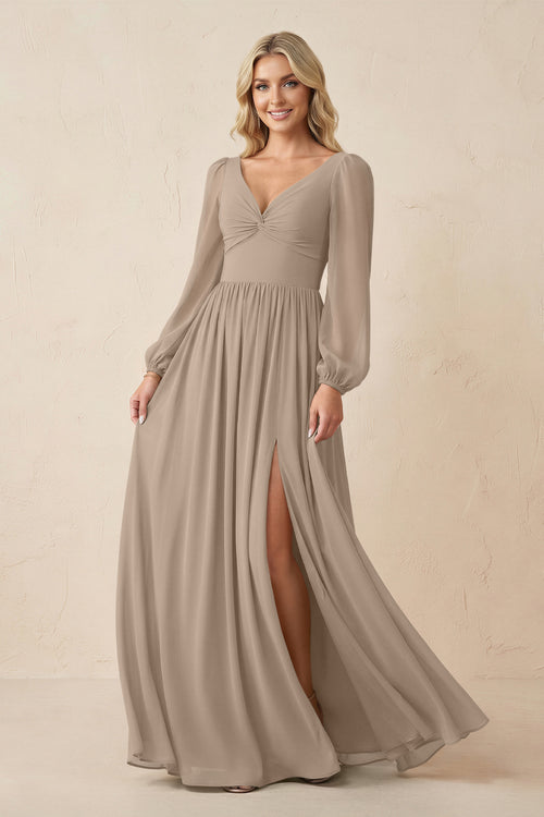 Long Sleeve V-Neck A-Line Chiffon Bridesmaid Dress in Almond | KISSBRIDAL