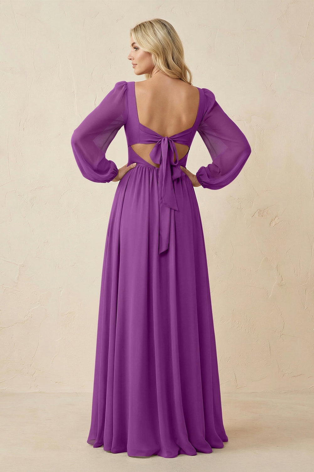 Long Sleeve V - Neck A - Line Chiffon Bridesmaid Dress in Amethyst - KISS BRIDAL Bridesmaid Dresses