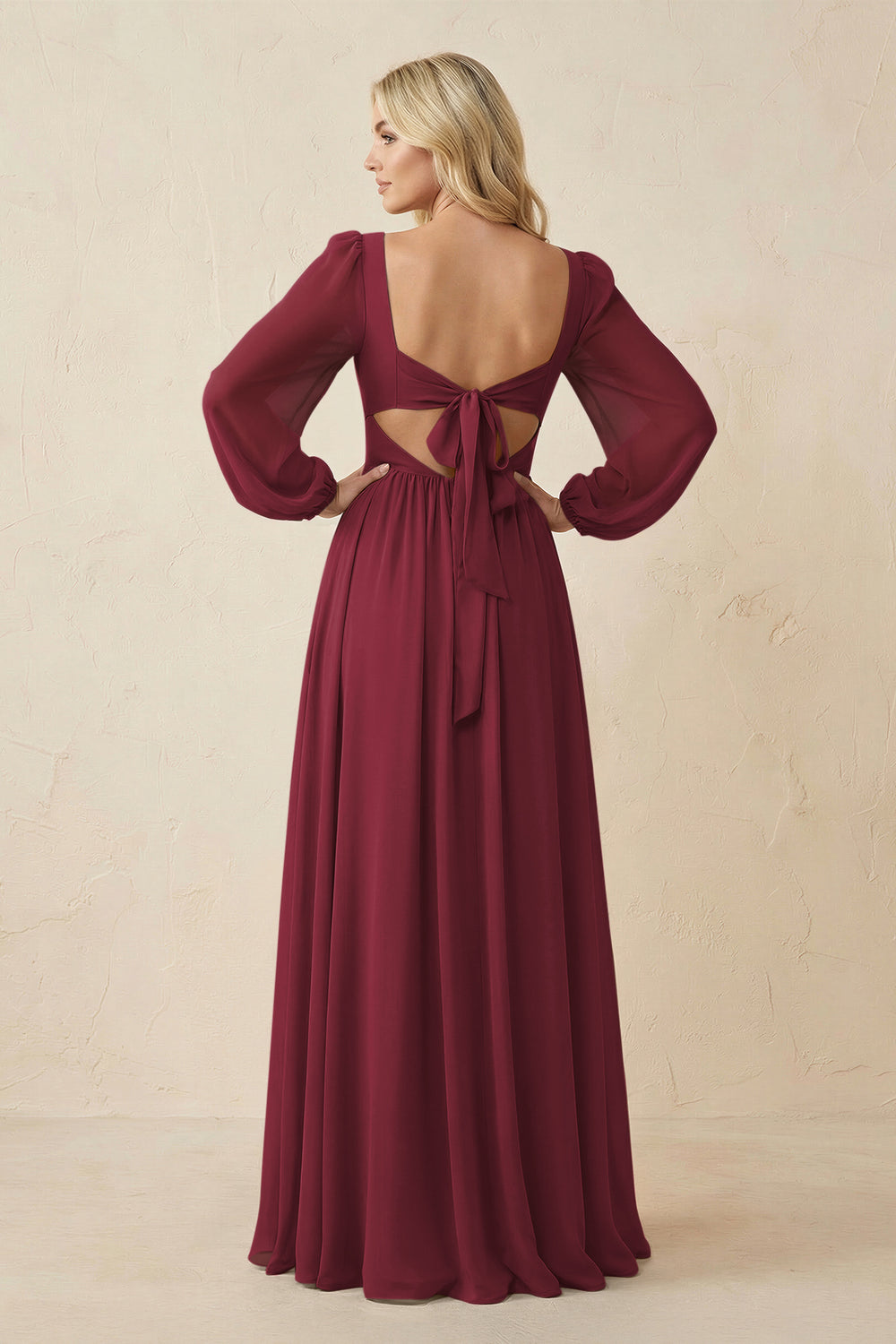 Long Sleeve V-Neck A-Line Chiffon Bridesmaid Dress in Berry