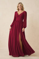 Long Sleeve V - Neck A - Line Chiffon Bridesmaid Dress in Berry - SHE IS ME Bridesmaid Dresses