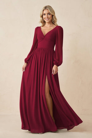 Long Sleeve V - Neck A - Line Chiffon Bridesmaid Dress in Berry - SHE IS ME Bridesmaid Dresses