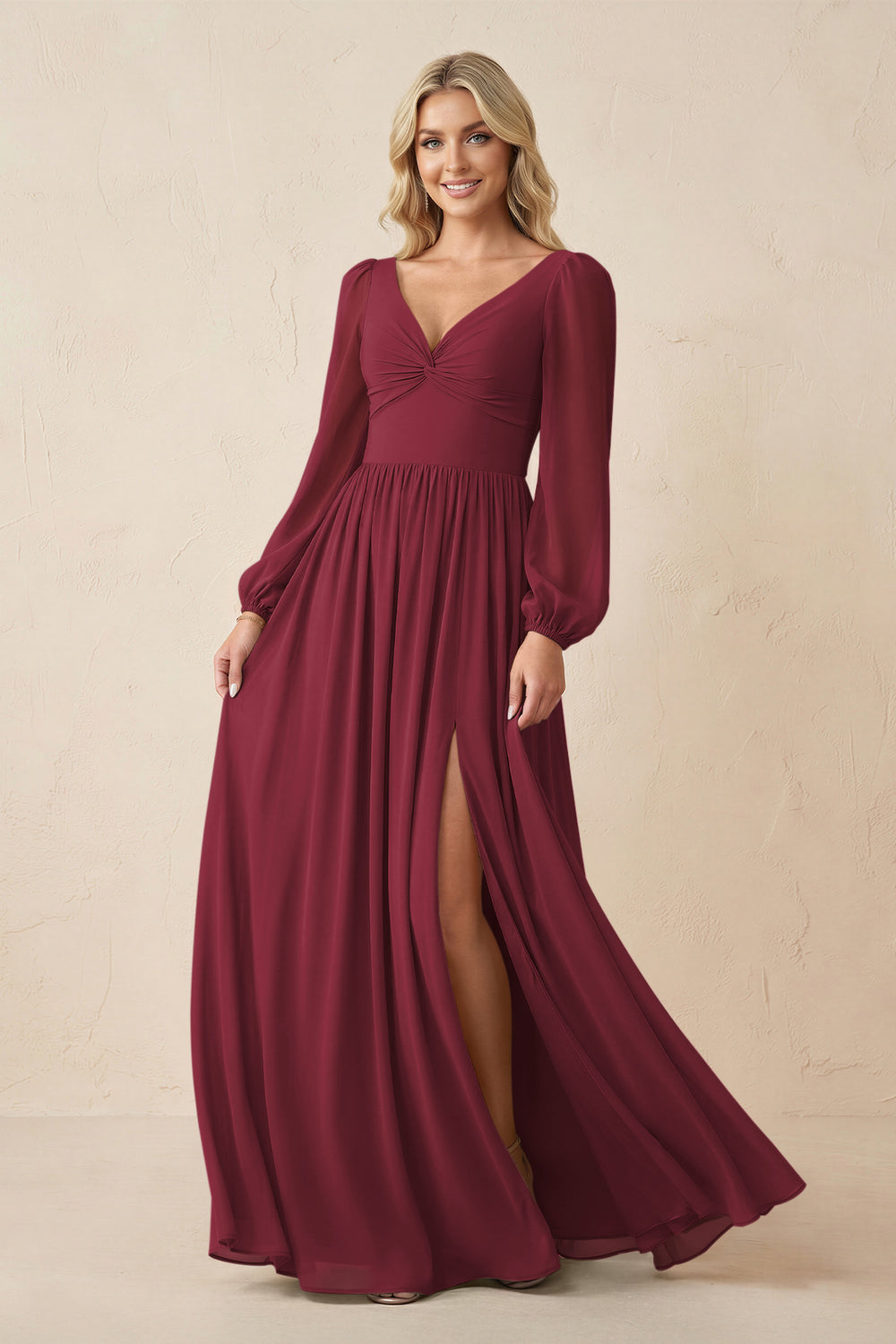Long Sleeve V-Neck A-Line Chiffon Bridesmaid Dress in Berry