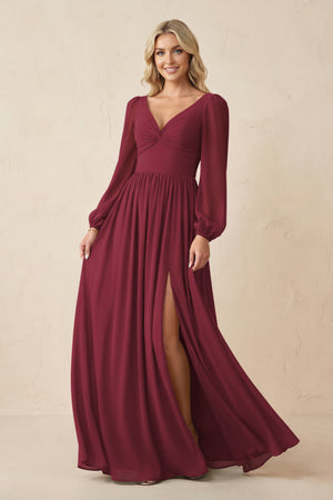 Long Sleeve V-Neck A-Line Chiffon Bridesmaid Dress in Berry | KISSBRIDAL