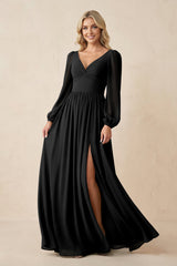 Long Sleeve V - Neck A - Line Chiffon Bridesmaid Dress in Black - KISS BRIDAL Bridesmaid Dresses