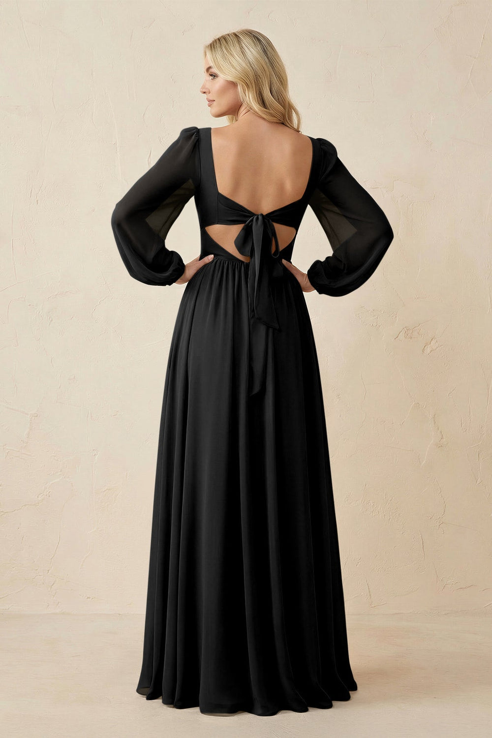 Long Sleeve V - Neck A - Line Chiffon Bridesmaid Dress in Black - KISS BRIDAL Bridesmaid Dresses