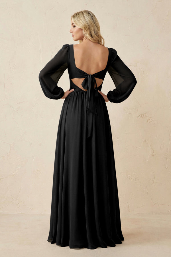 Long Sleeve V - Neck A - Line Chiffon Bridesmaid Dress in Black - SHE IS ME Bridesmaid Dresses