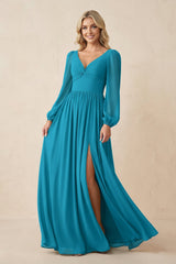 Long Sleeve V - Neck A - Line Chiffon Bridesmaid Dress in Blue Jay - KISS BRIDAL Bridesmaid Dresses