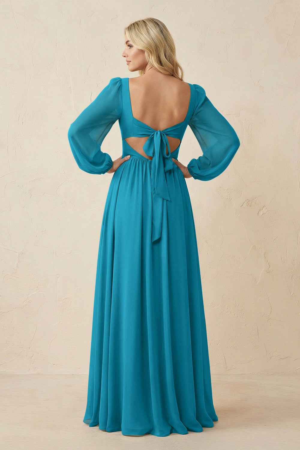 Long Sleeve V - Neck A - Line Chiffon Bridesmaid Dress in Blue Jay - KISS BRIDAL Bridesmaid Dresses