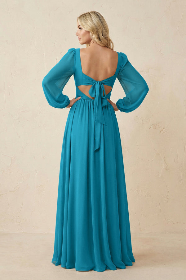 Long Sleeve V - Neck A - Line Chiffon Bridesmaid Dress in Blue Jay - SHE IS ME Bridesmaid Dresses