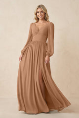 Long Sleeve V - Neck A - Line Chiffon Bridesmaid Dress in Bronzer - KISS BRIDAL Bridesmaid Dresses