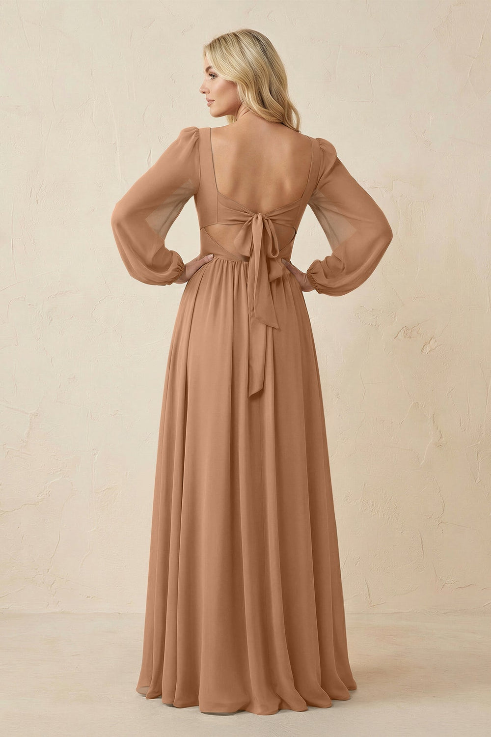 Long Sleeve V - Neck A - Line Chiffon Bridesmaid Dress in Bronzer - KISS BRIDAL Bridesmaid Dresses
