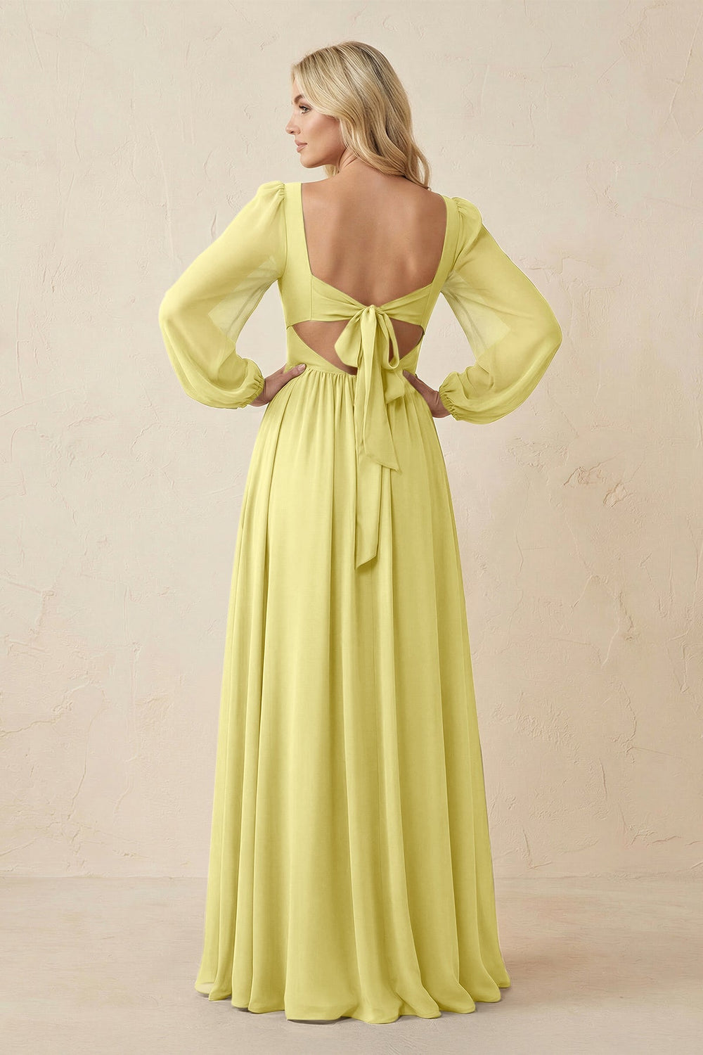 Long Sleeve V - Neck A - Line Chiffon Bridesmaid Dress in Buttercup - KISS BRIDAL Bridesmaid Dresses