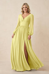 Long Sleeve V - Neck A - Line Chiffon Bridesmaid Dress in Buttercup - KISS BRIDAL Bridesmaid Dresses