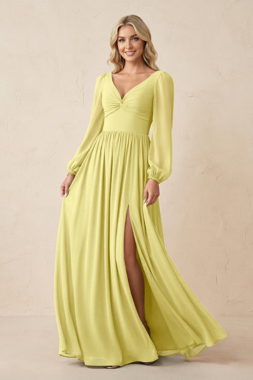 Long Sleeve V - Neck A - Line Chiffon Bridesmaid Dress in Buttercup - SHE IS ME Bridesmaid Dresses