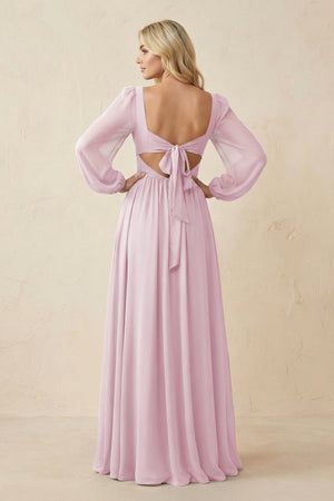 Long Sleeve V-Neck A-Line Chiffon Bridesmaid Dress in Candy Pink (2) | KISSBRIDAL