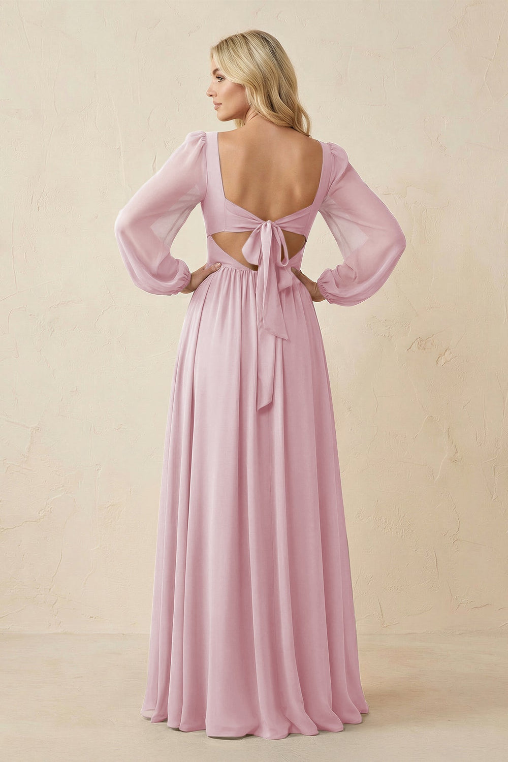 Long Sleeve V - Neck A - Line Chiffon Bridesmaid Dress in Candy Pink - KISS BRIDAL Bridesmaid Dresses