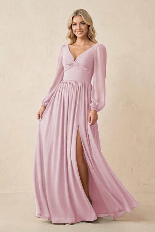Long Sleeve V - Neck A - Line Chiffon Bridesmaid Dress in Candy Pink - SHE IS ME Bridesmaid Dresses