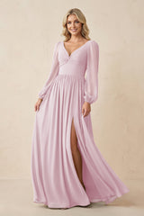 Long Sleeve V-Neck A-Line Chiffon Bridesmaid Dress in Candy Pink | KISSBRIDAL