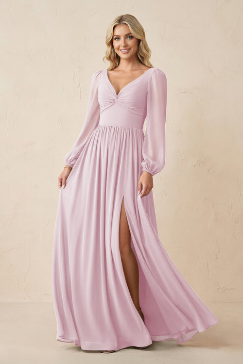 Long Sleeve V-Neck A-Line Chiffon Bridesmaid Dress in Candy Pink | KISSBRIDAL