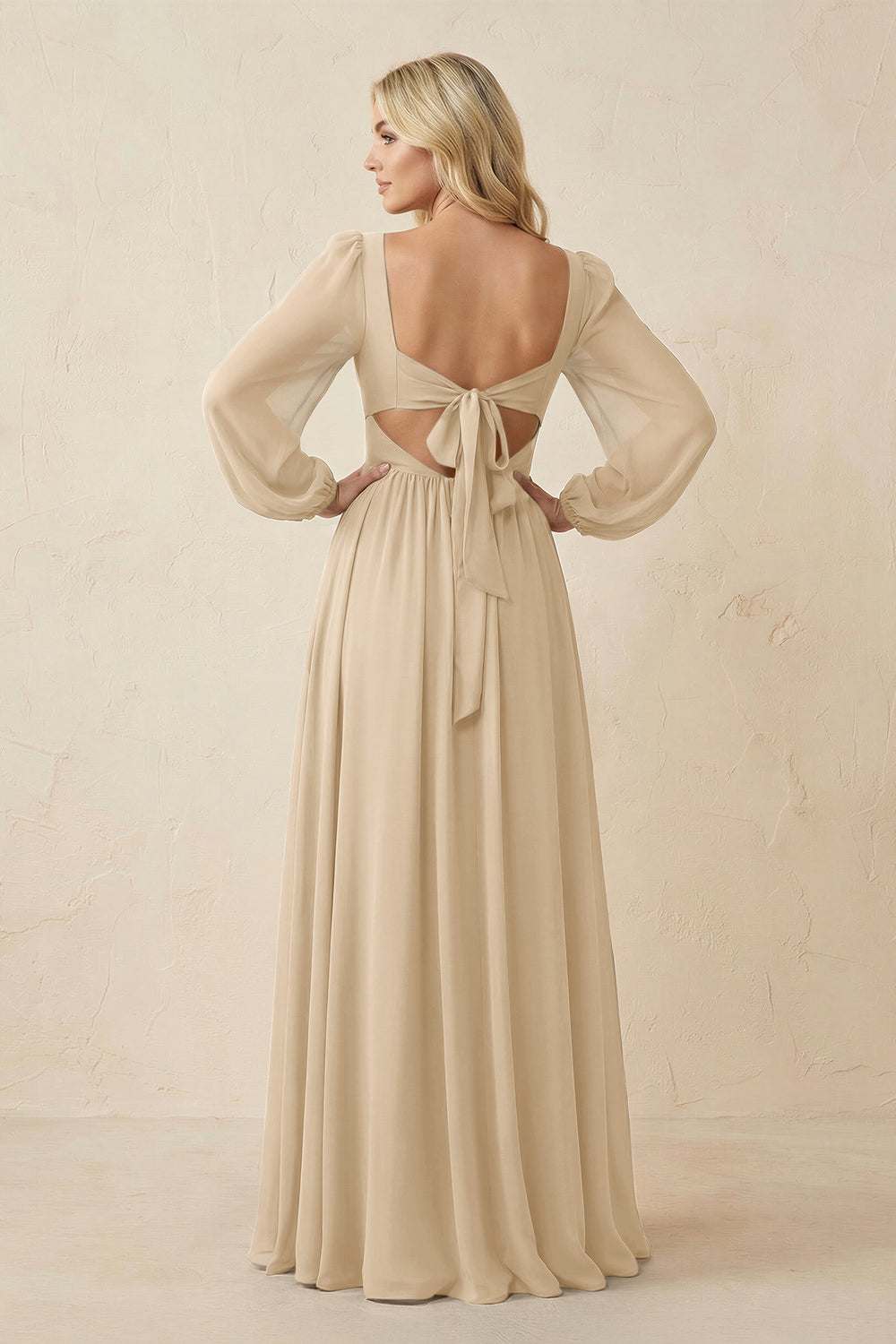 Long Sleeve V-Neck A-Line Chiffon Bridesmaid Dress in Champagne
