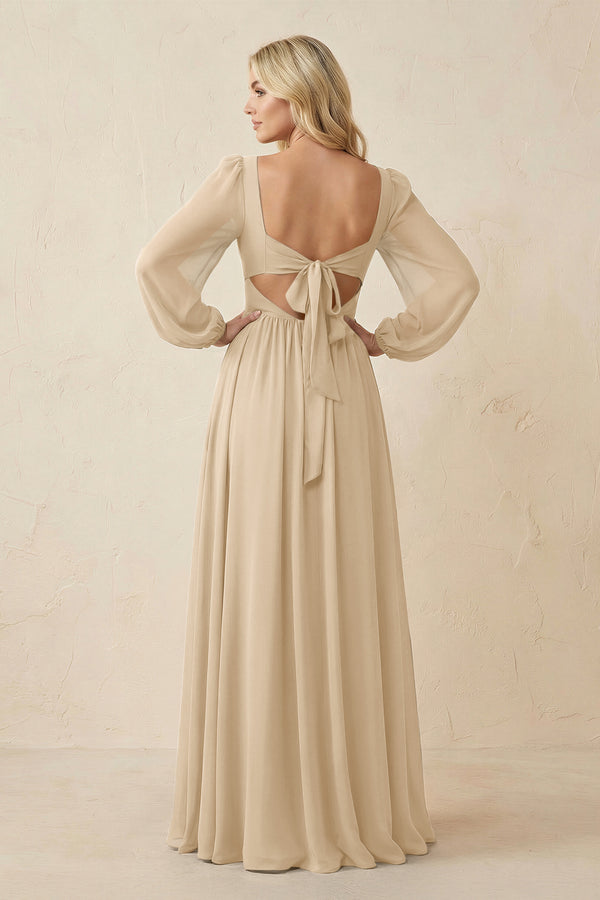 Long Sleeve V-Neck A-Line Chiffon Bridesmaid Dress in Champagne (2) | KISSBRIDAL