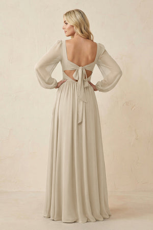 Long Sleeve V - Neck A - Line Chiffon Bridesmaid Dress in Champagne - SHE IS ME Bridesmaid Dresses