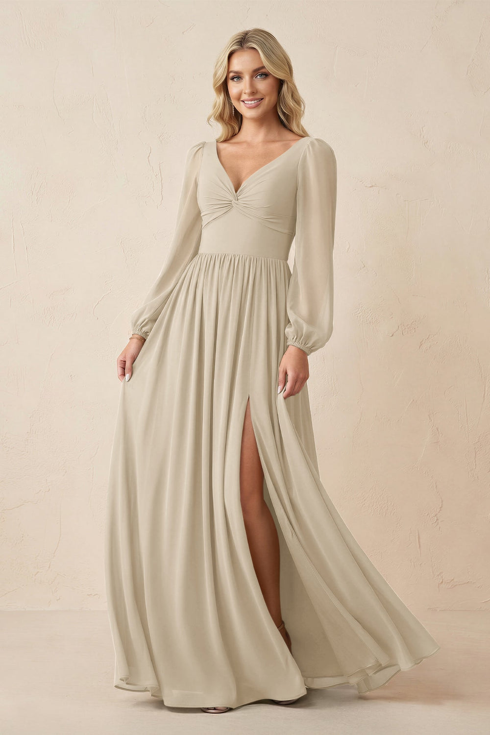 Long Sleeve V - Neck A - Line Chiffon Bridesmaid Dress in Champagne - KISS BRIDAL Bridesmaid Dresses