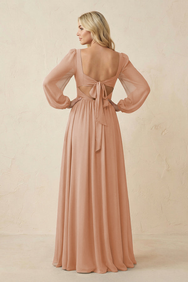Long Sleeve V - Neck A - Line Chiffon Bridesmaid Dress in Champagne Rose - SHE IS ME Bridesmaid Dresses
