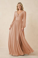 Long Sleeve V - Neck A - Line Chiffon Bridesmaid Dress in Champagne Rose - SHE IS ME Bridesmaid Dresses