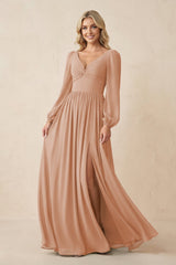 Long Sleeve V - Neck A - Line Chiffon Bridesmaid Dress in Champagne Rose - KISS BRIDAL Bridesmaid Dresses