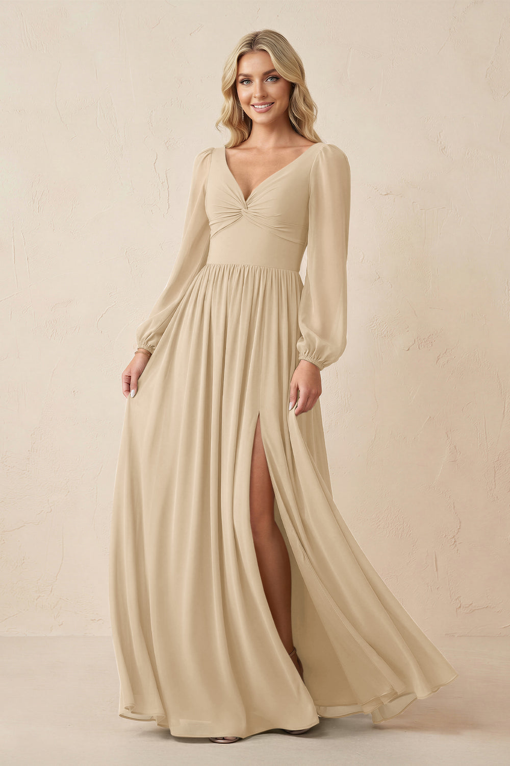 Long Sleeve V-Neck A-Line Chiffon Bridesmaid Dress in Champagne