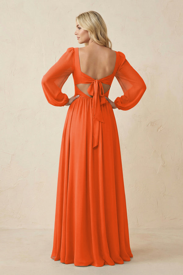 Long Sleeve V-Neck A-Line Chiffon Bridesmaid Dress in Cinnamon (2) | KISSBRIDAL