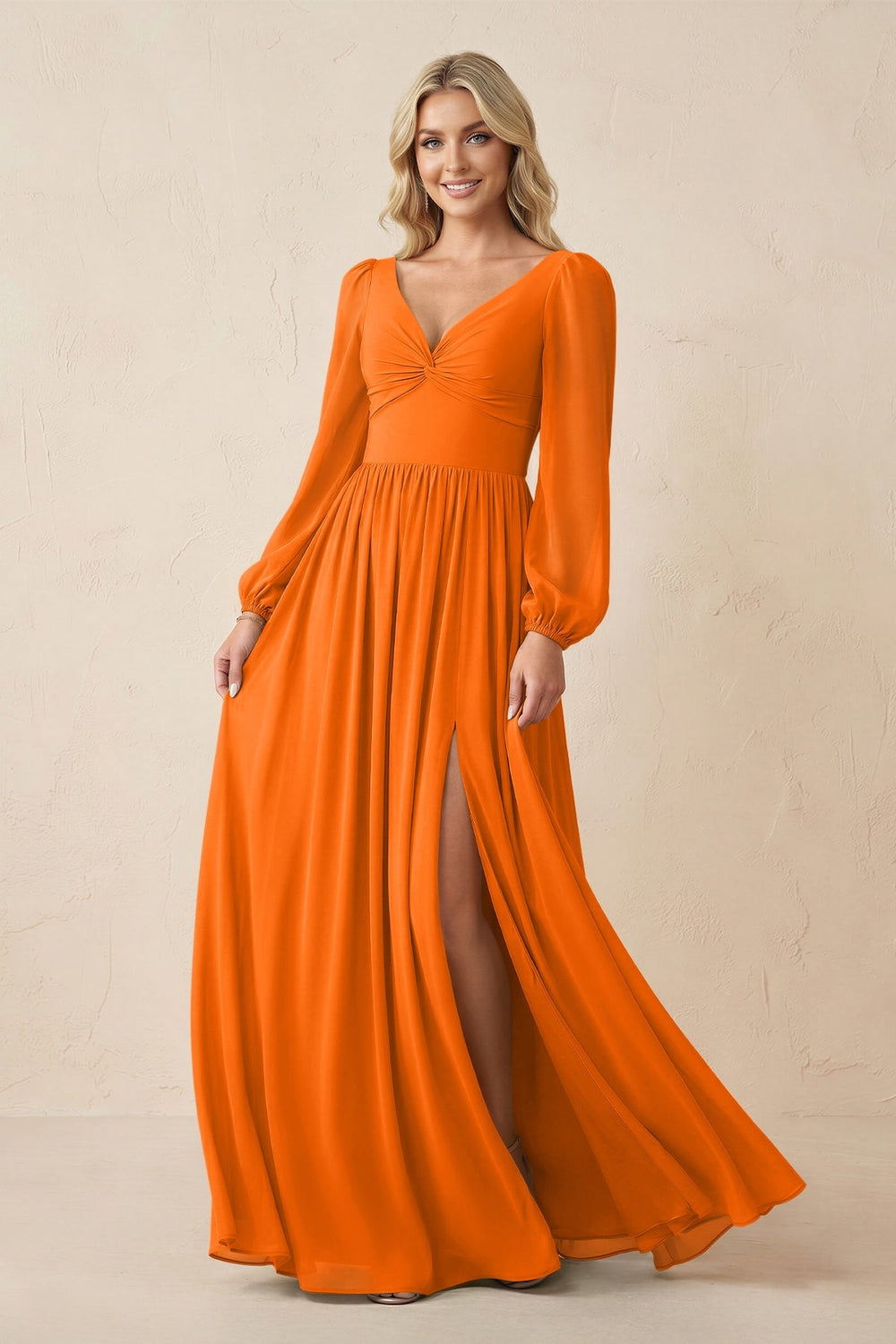 Long Sleeve V - Neck A - Line Chiffon Bridesmaid Dress in Cinnamon - KISS BRIDAL Bridesmaid Dresses