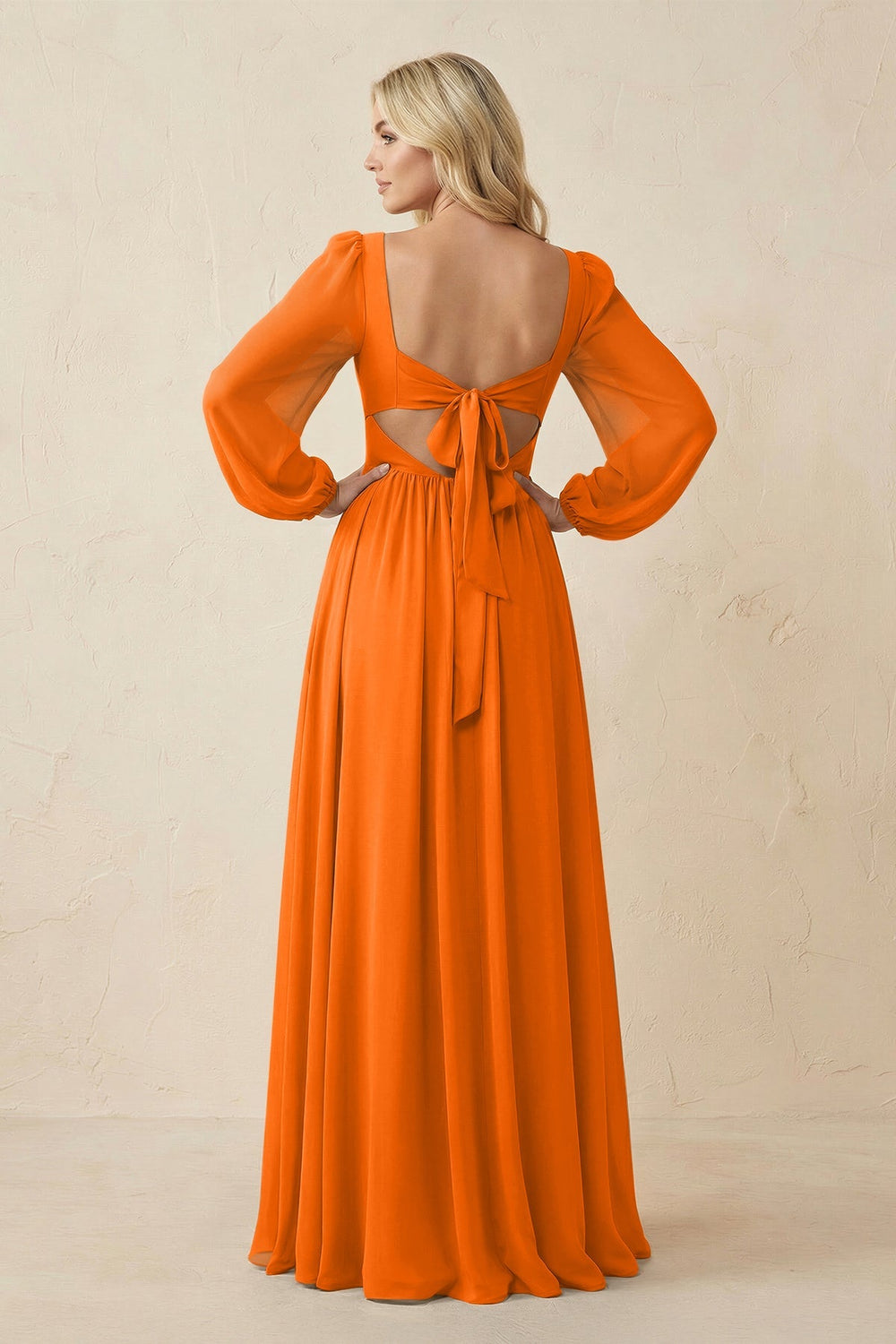Long Sleeve V - Neck A - Line Chiffon Bridesmaid Dress in Cinnamon - KISS BRIDAL Bridesmaid Dresses