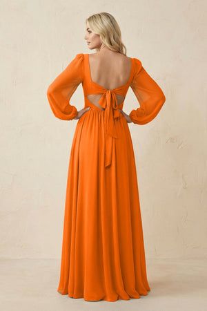 Long Sleeve V - Neck A - Line Chiffon Bridesmaid Dress in Cinnamon - SHE IS ME Bridesmaid Dresses