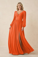 Long Sleeve V-Neck A-Line Chiffon Bridesmaid Dress in Cinnamon | KISSBRIDAL