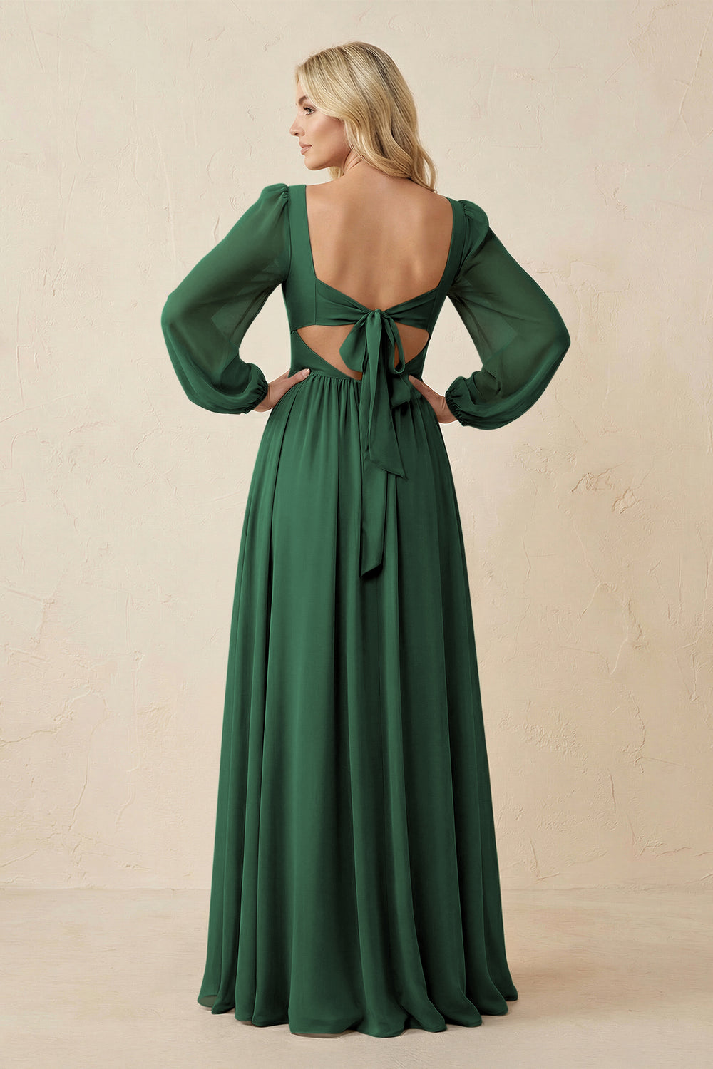 Long Sleeve V-Neck A-Line Chiffon Bridesmaid Dress in Dark Green
