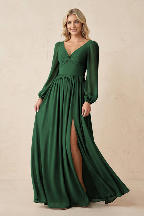 Long Sleeve V - Neck A - Line Chiffon Bridesmaid Dress in Dark Green - SHE IS ME Bridesmaid Dresses