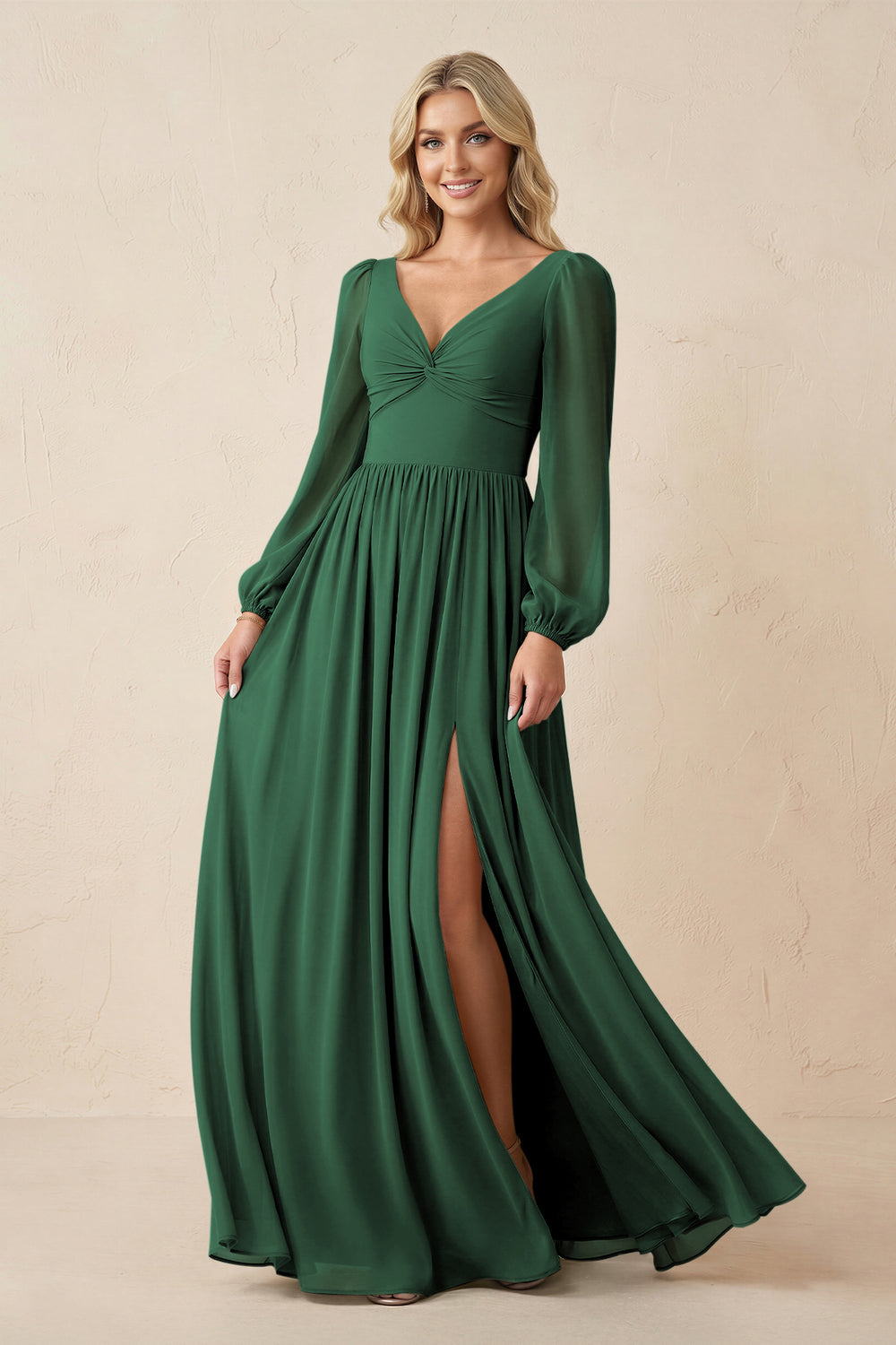 Long Sleeve V-Neck A-Line Chiffon Bridesmaid Dress in Dark Green