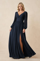 Long Sleeve V - Neck A - Line Chiffon Bridesmaid Dress in Dark Navy - KISS BRIDAL Bridesmaid Dresses