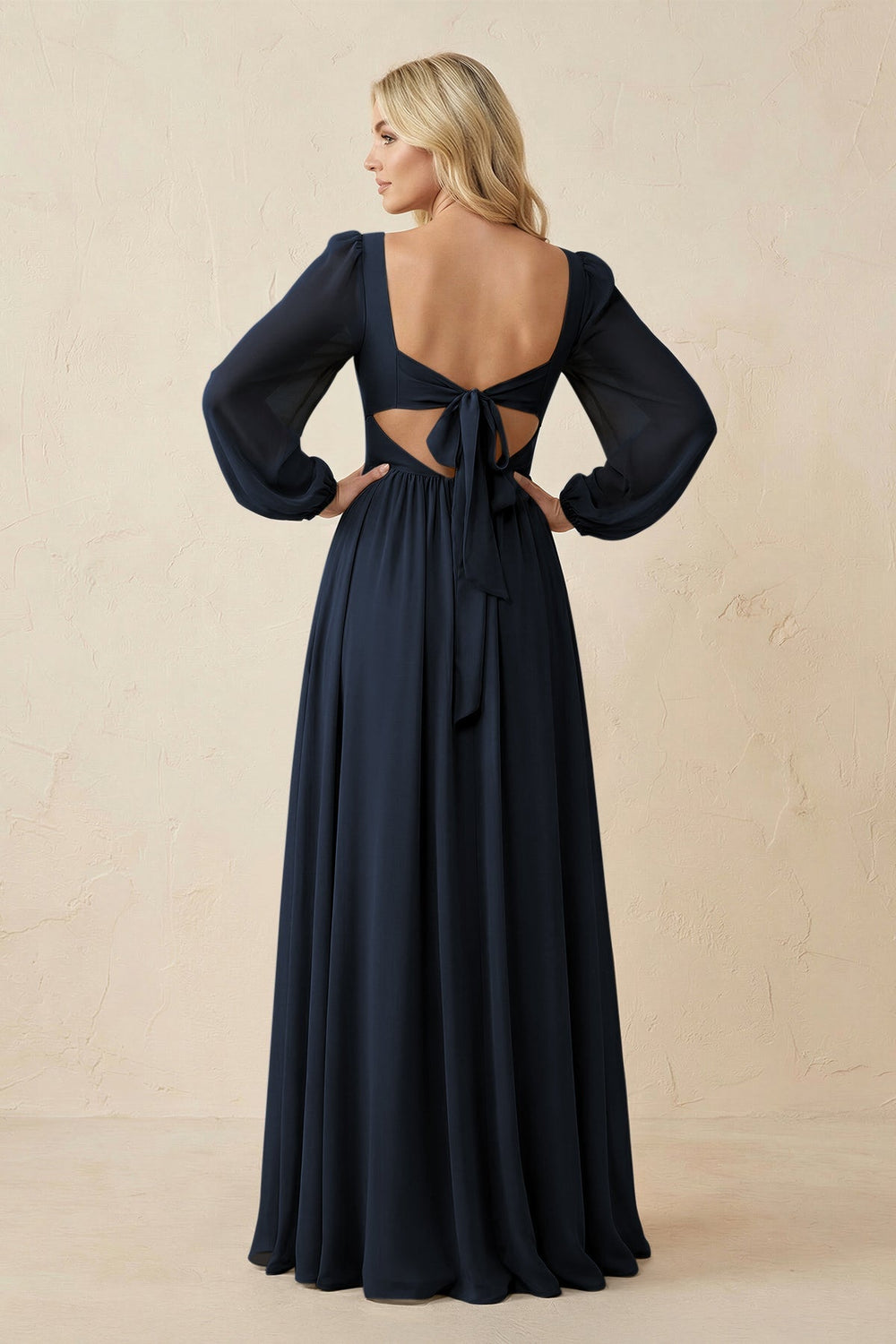Long Sleeve V - Neck A - Line Chiffon Bridesmaid Dress in Dark Navy - KISS BRIDAL Bridesmaid Dresses