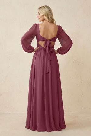 Long Sleeve V-Neck A-Line Chiffon Bridesmaid Dress in Desert Rose (2) | KISSBRIDAL
