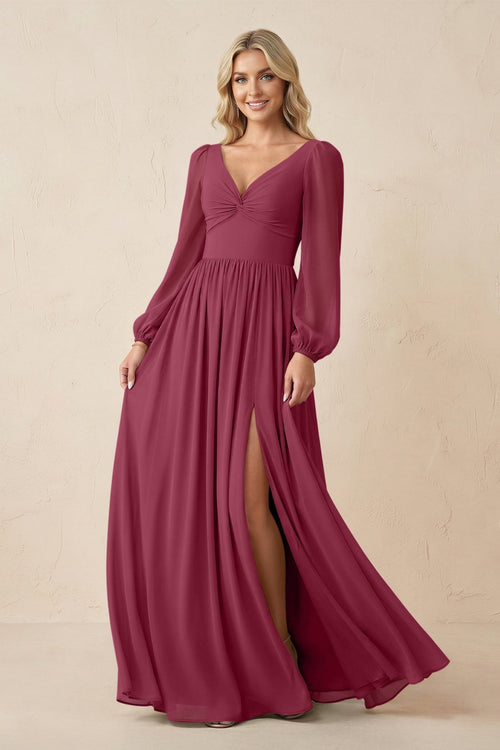Long Sleeve V - Neck A - Line Chiffon Bridesmaid Dress in Desert Rose - SHE IS ME Bridesmaid Dresses